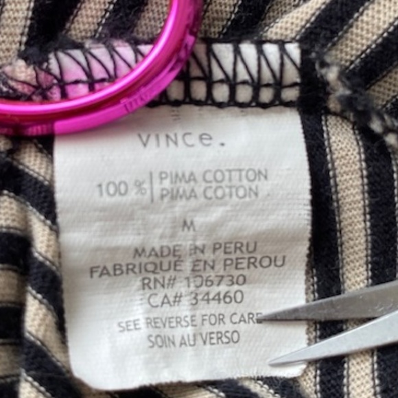 VINCE Pima Cotton Cap Sleeve Ruched Tee Black and Tan Stripes Size M - Picture 7 of 10